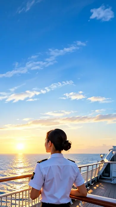 A cruise officer watching the sunset from the deck rail