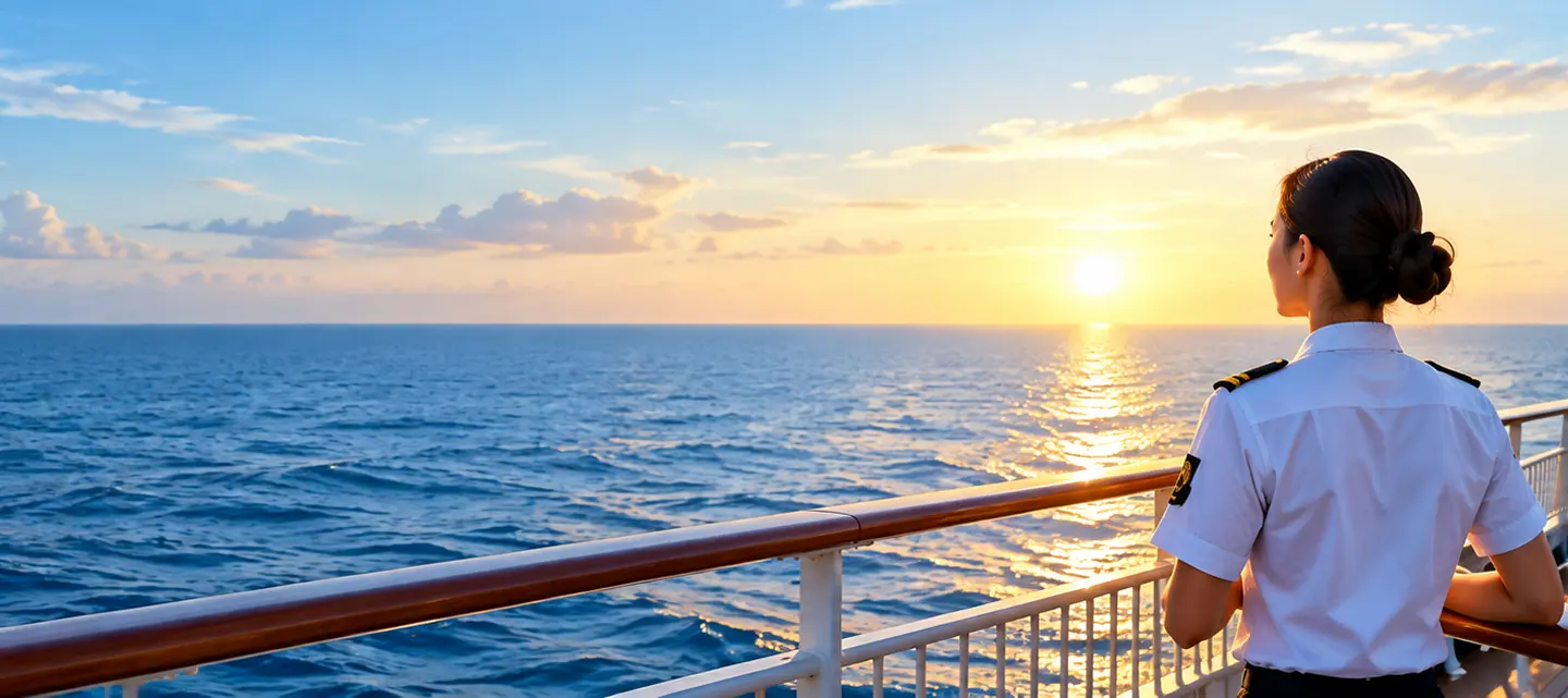 A cruise officer watching the sunset from the deck rail